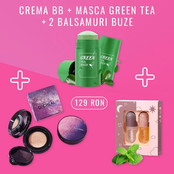 Crema BB Corectoare +  Masca Faciala Green Tea + 2 Balsamuri Buze Extra Volum si Stralucire
