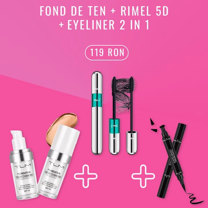 Fond de Ten Color Changing TLM + Rimel 5D Mascara Lash 2 in 1 + Eyeliner Tus Ochi 2 in 1 Deluxe