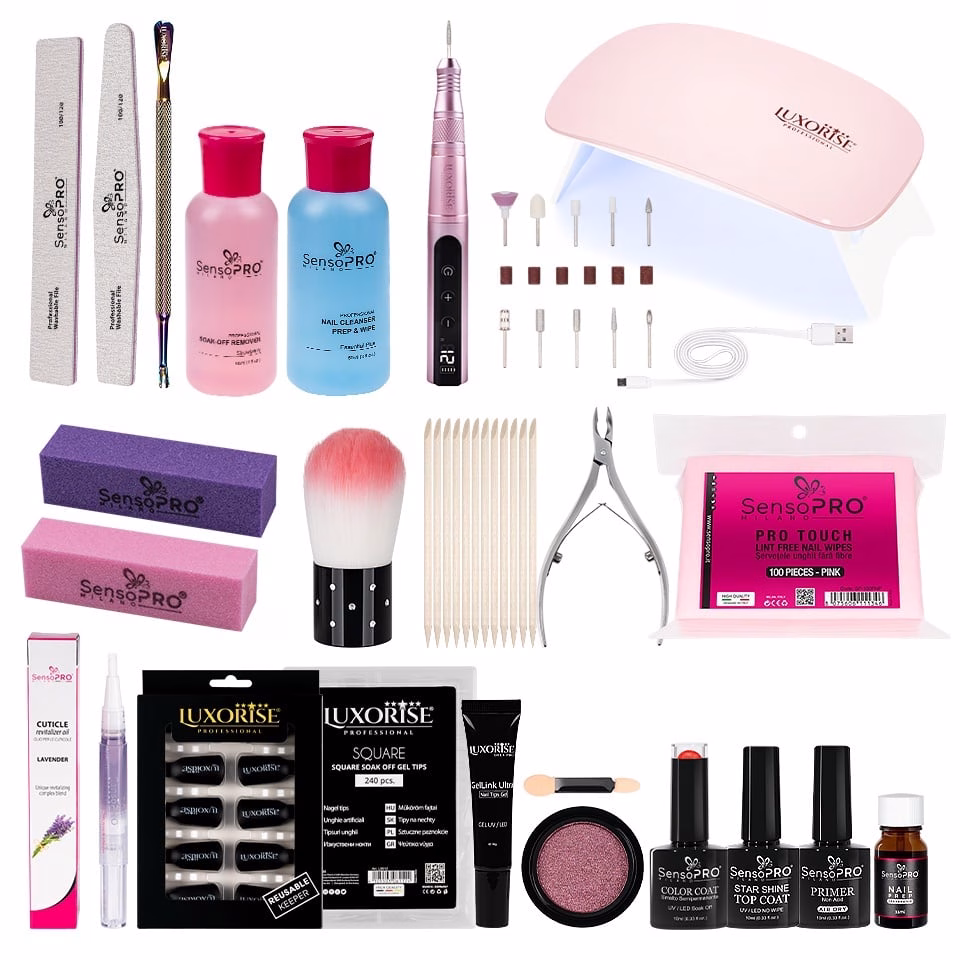 Kit Unghii False cu Tipsuri Soak Off Expert Nails + Freza & Lampa UV LED